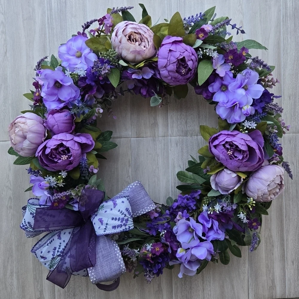 Handmade Purple Floral Wreath with Bow Summer/ Everyday Wreath
